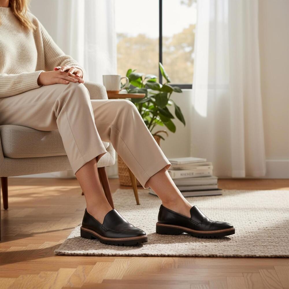 Ecco Black Leather Women's Loafers with Lug Sole